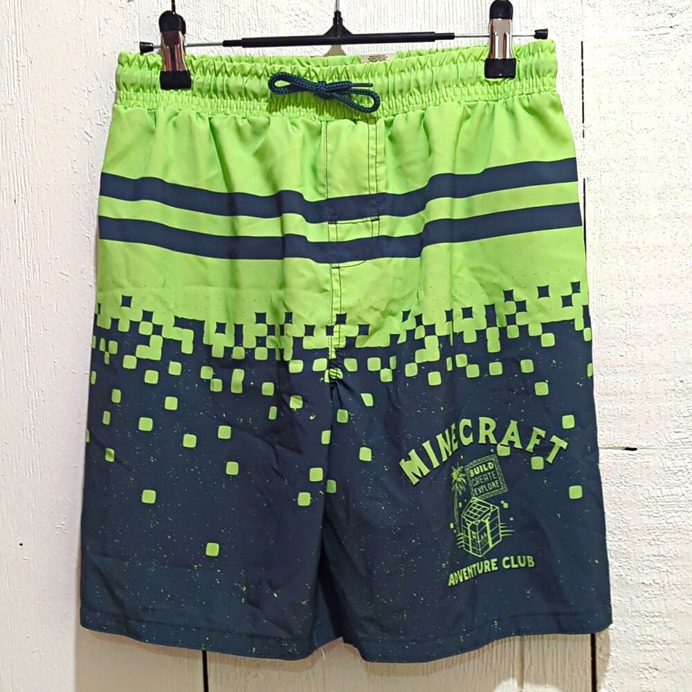 Minecraft Boys Swim Trunks Lined Drawstring Elastic Green/Black Size M (10-12)